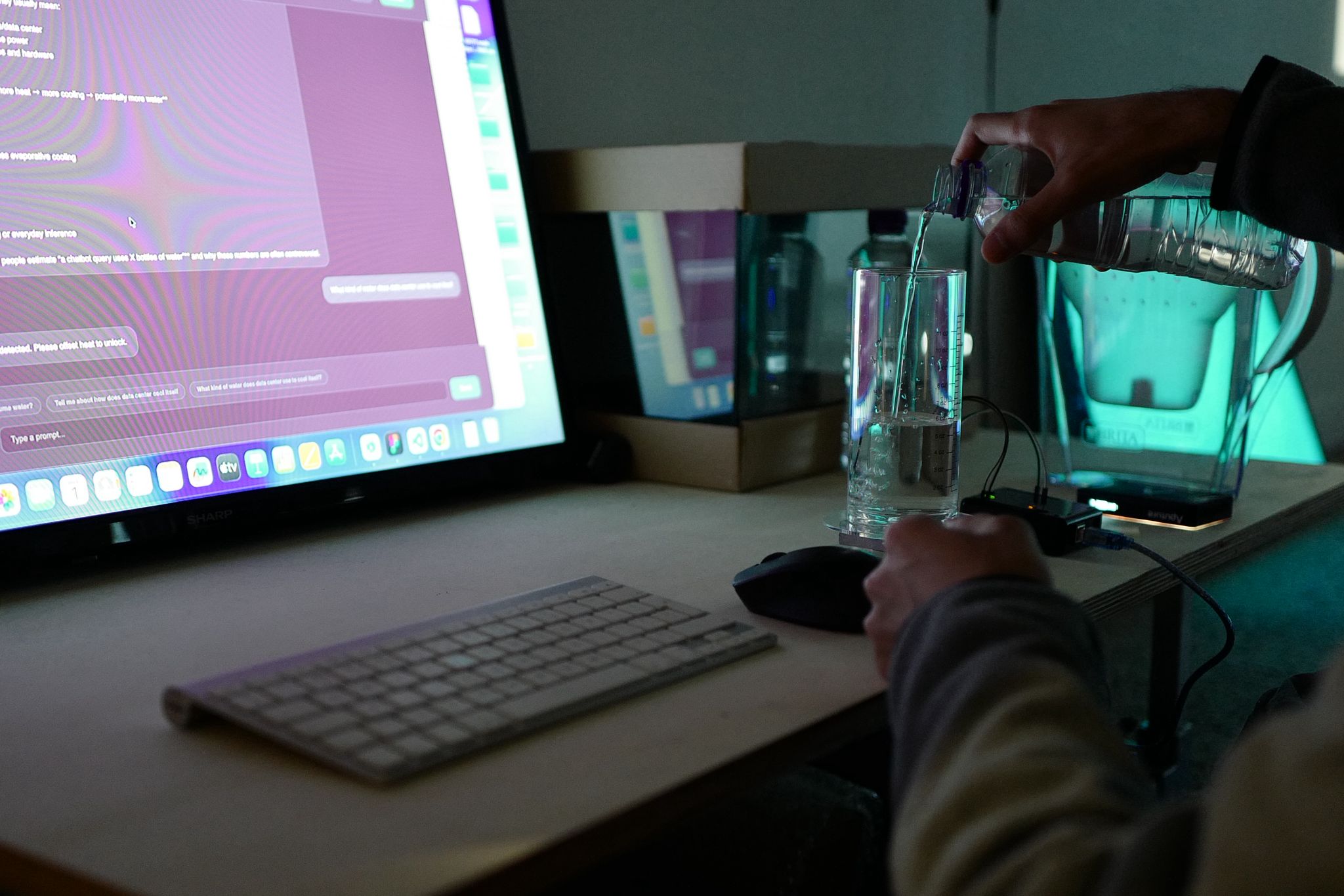 User pouring water to cool the AI system